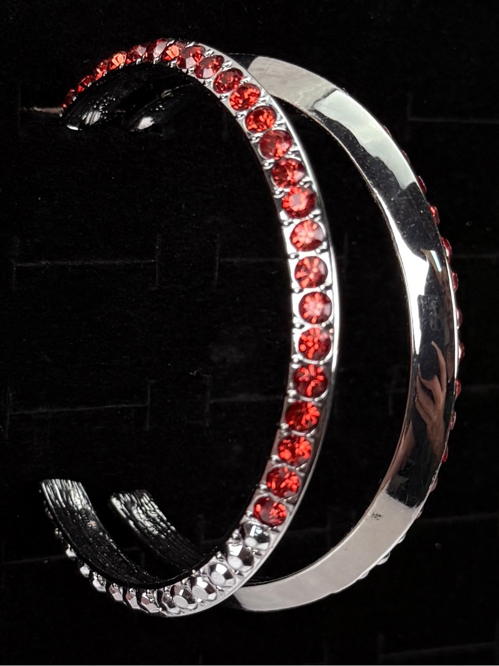 Silvertone Hoop Pierced Earrings with Red Silver Accents